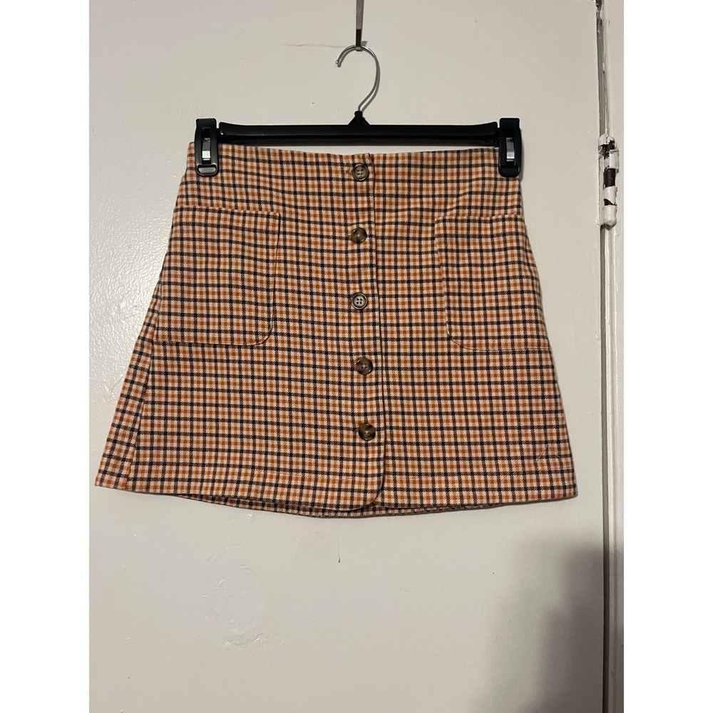 Copper Key Kids XL Orange Brown Plaid Button Front A-Line Mini Skirt F34IC244G
